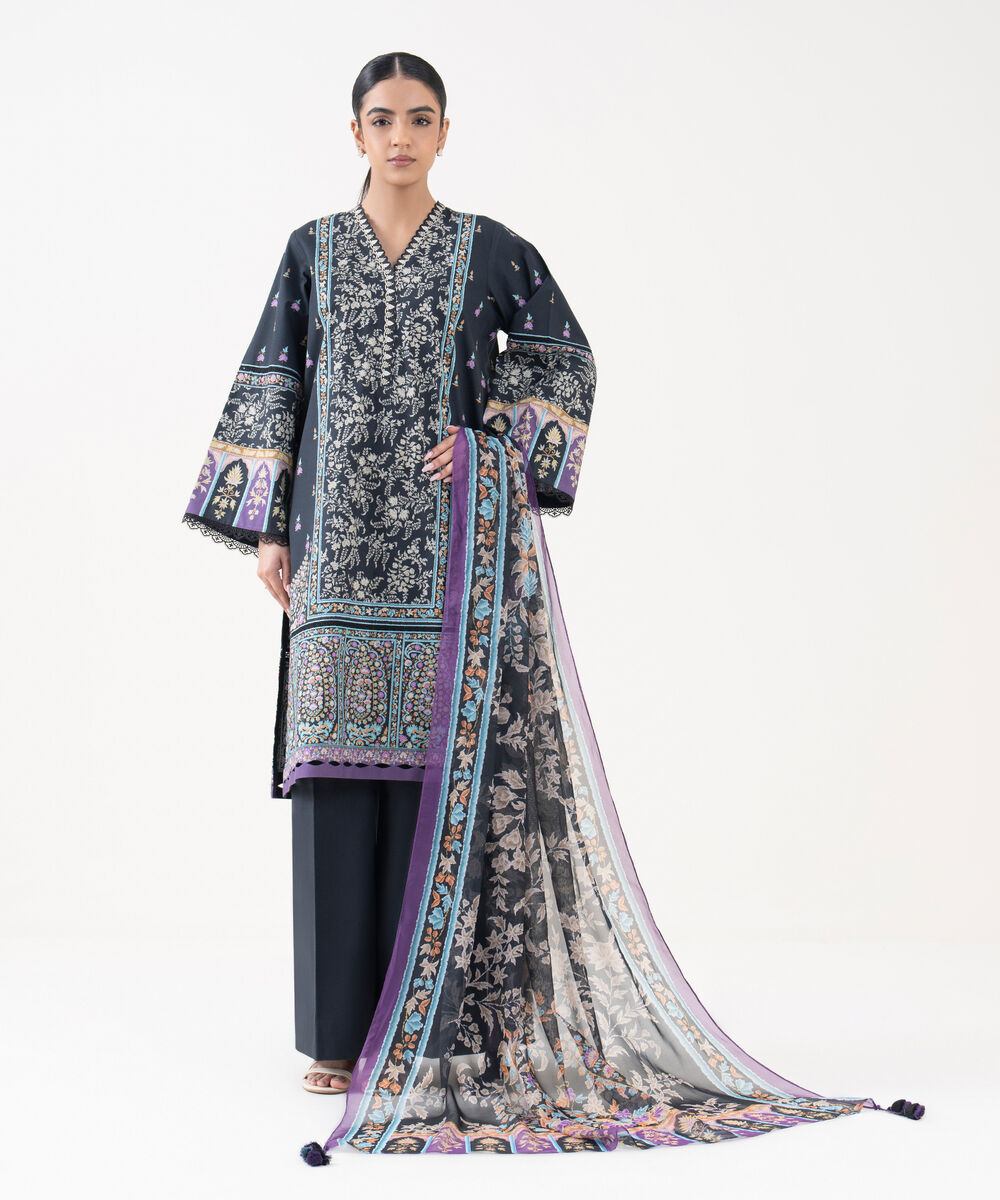 Women's Unstitched Cotton Printed Blue 3 Piece Suit