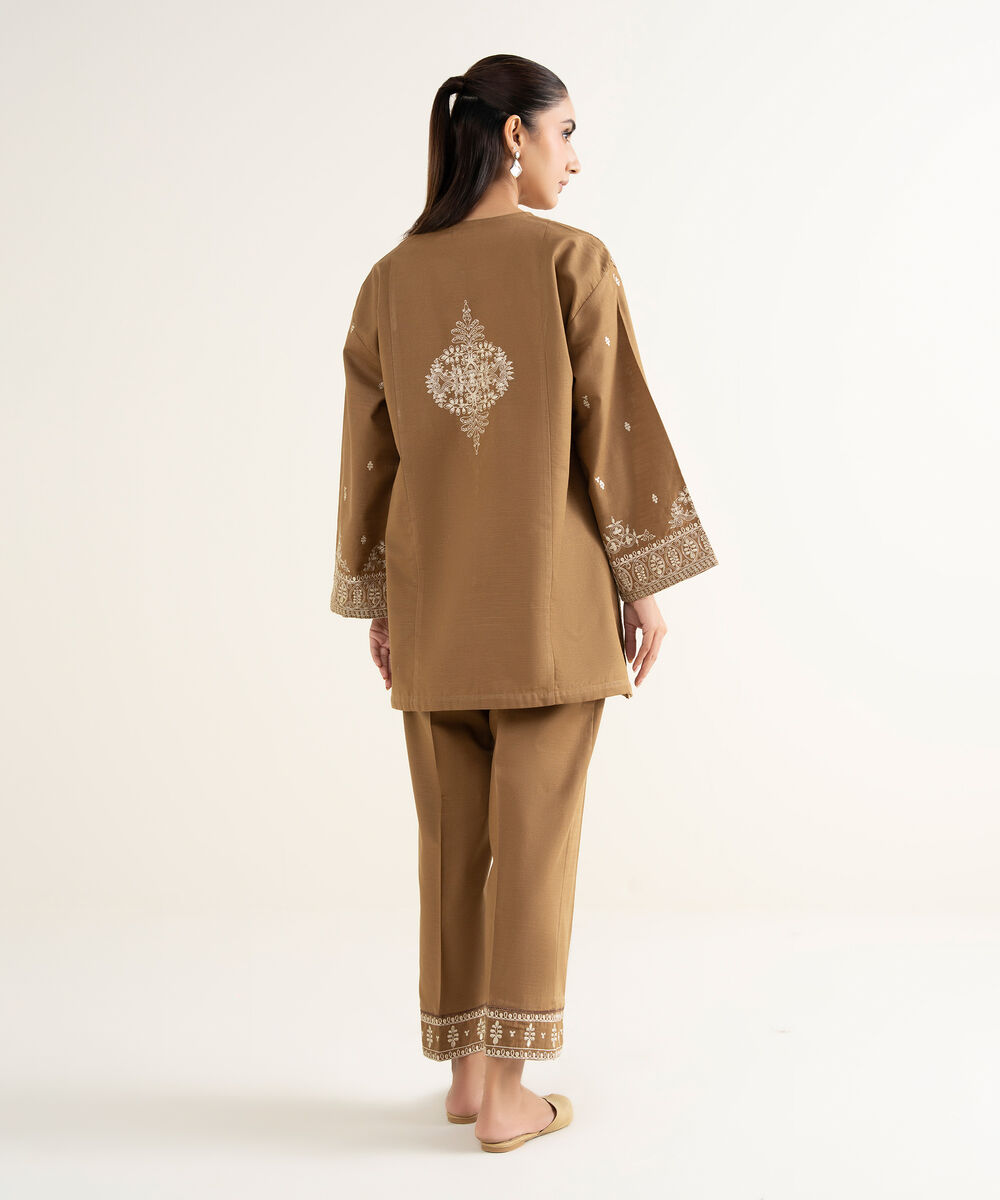 Women's RTW Khaddar Embroidered Brown Straight Shirt