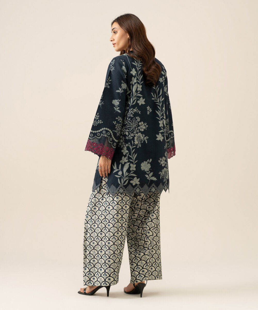 Women's Unstitched Light Khaddar Embroidered Black & White 2 Piece Suit