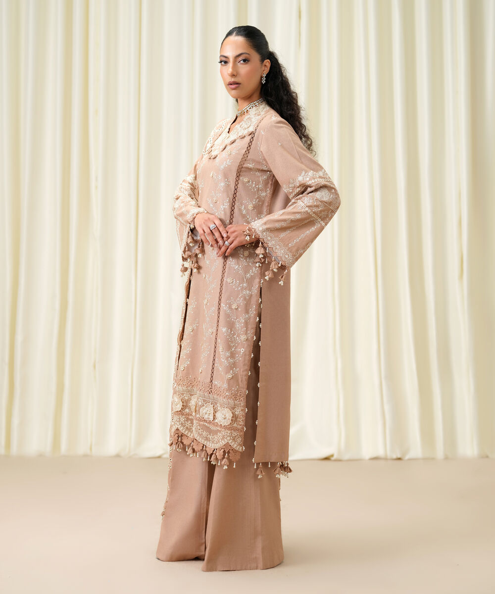 Women's Unstitched Embroidered Linen coral Pink 3 Piece Suit