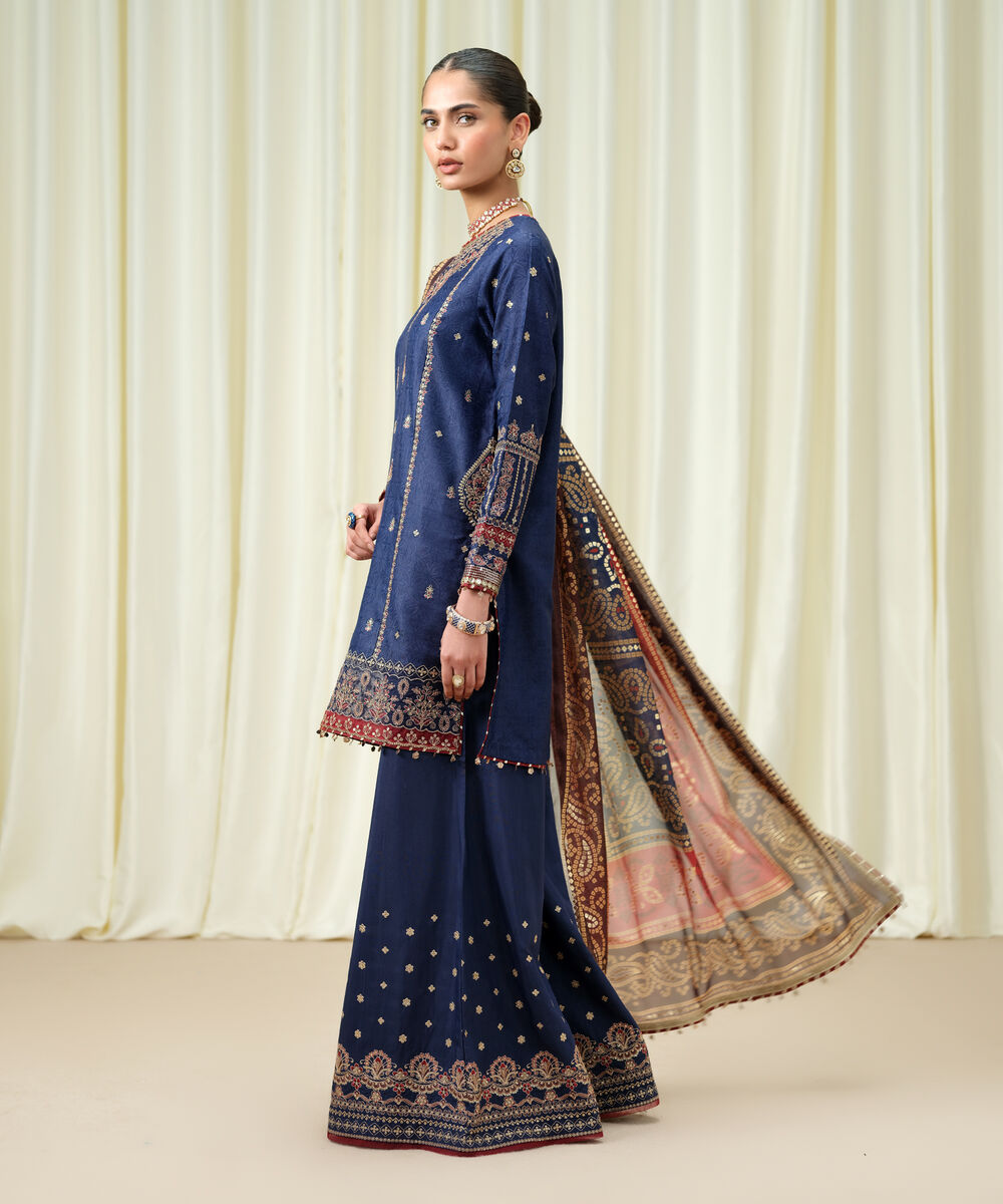 Women's Unstitched Embroidered Viscose Jacquard Blue 3 Piece Suit