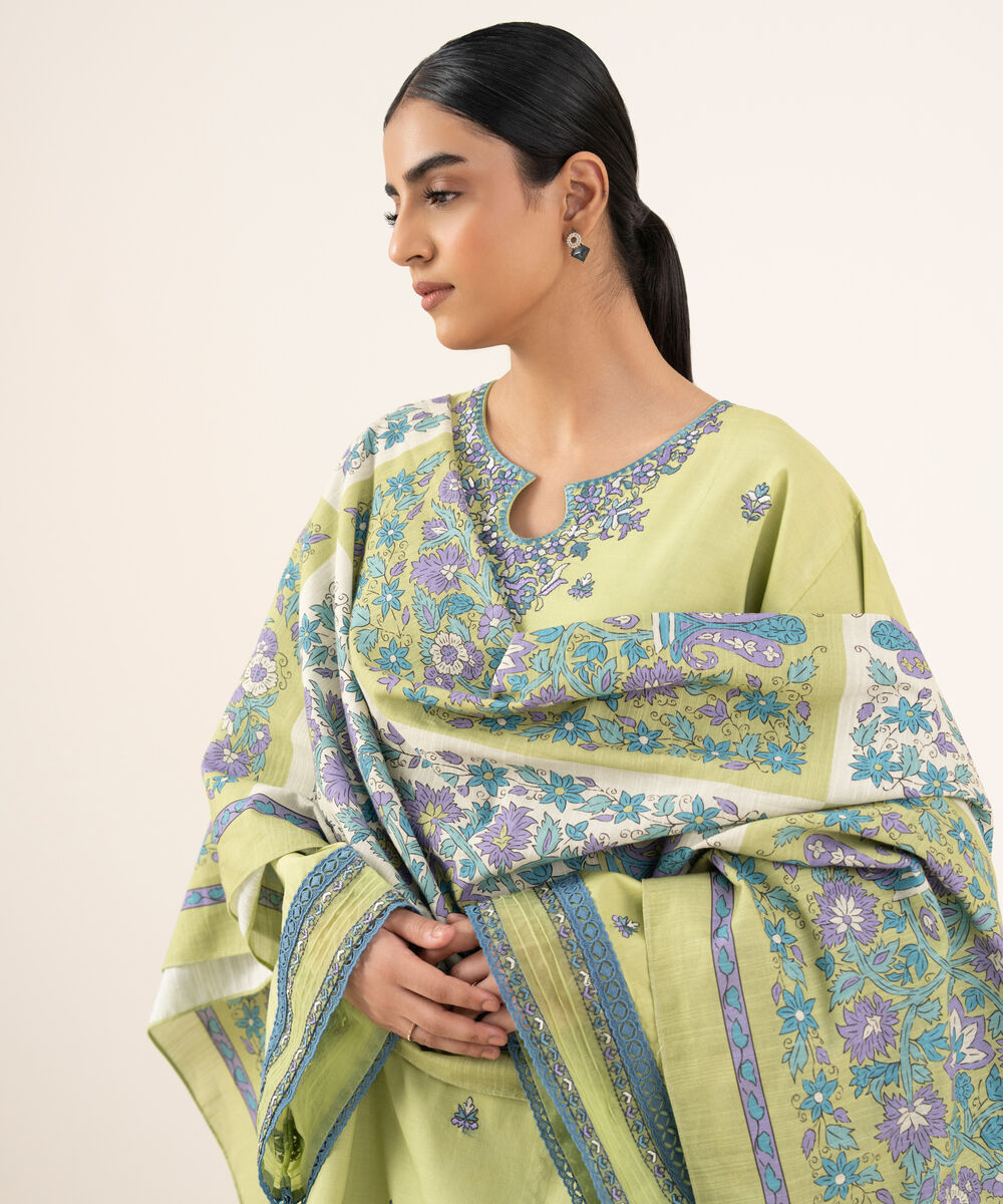 Women's Unstitched Textured Cotton Embroidered Green 2 Piece Suit