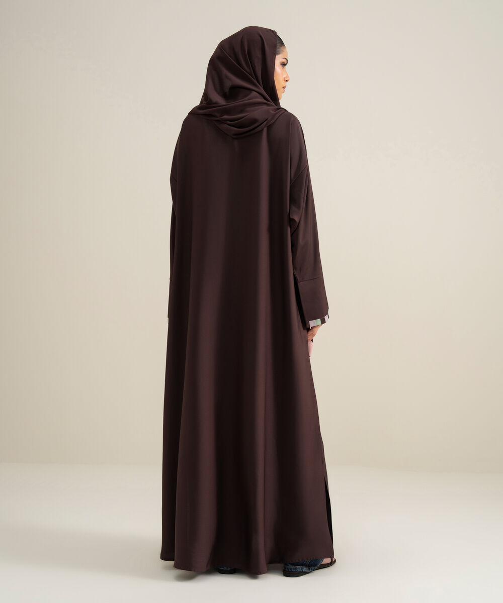 Women's Polyester Brown Embroidered Kimono Abbaya Set