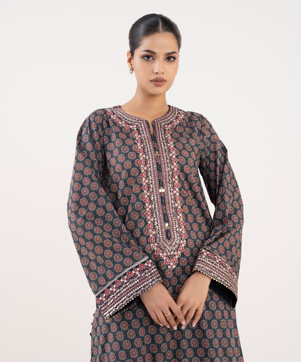 Women's RTW Textured Lawn Blue Embroidered A-Line Shirt