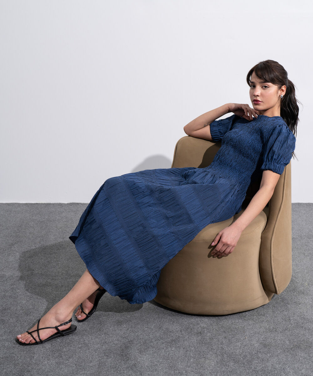 Women's Western Blue And Black Smocked Seersucker Gingham Dress