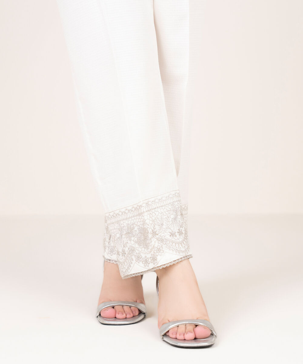 Women's RTW Textured Cotton Embroidered White Culottes
