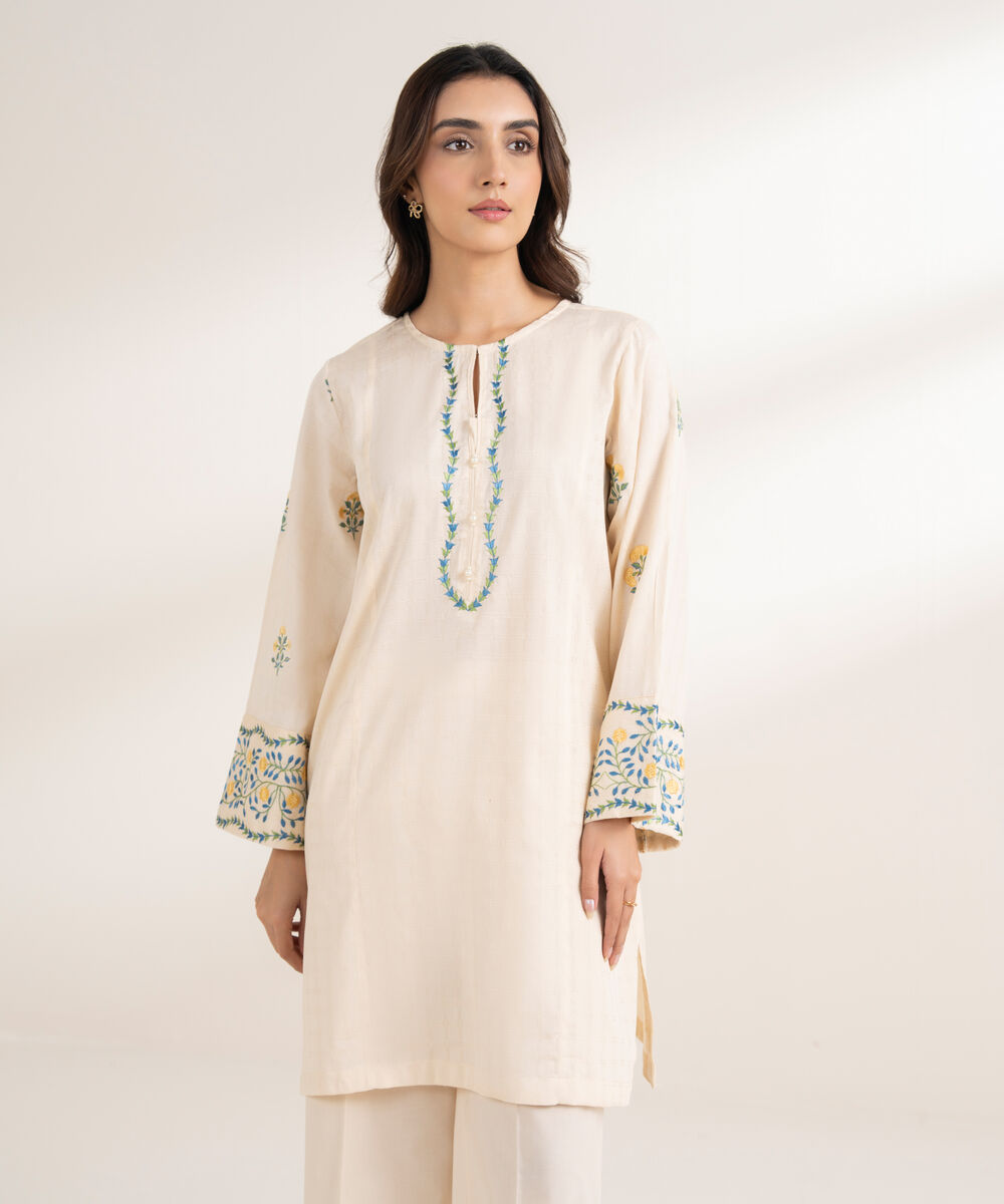 Women's RTW Textured Cotton Embroidered Straight Off White Shirt