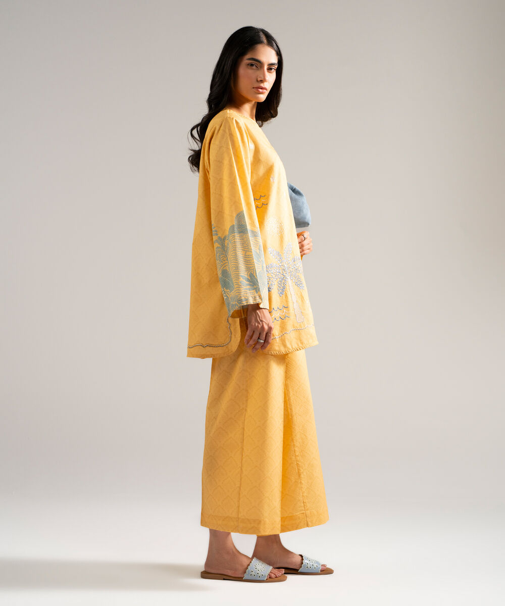 Women's RTW Dobby Embroidered Orange Straight Shirt