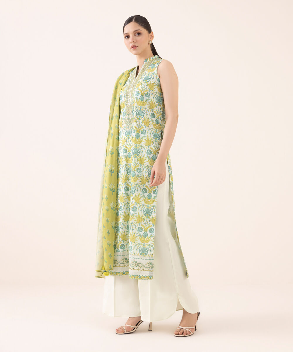 Women's Unstitched Cotton Embroidered Multi Three Piece Suit