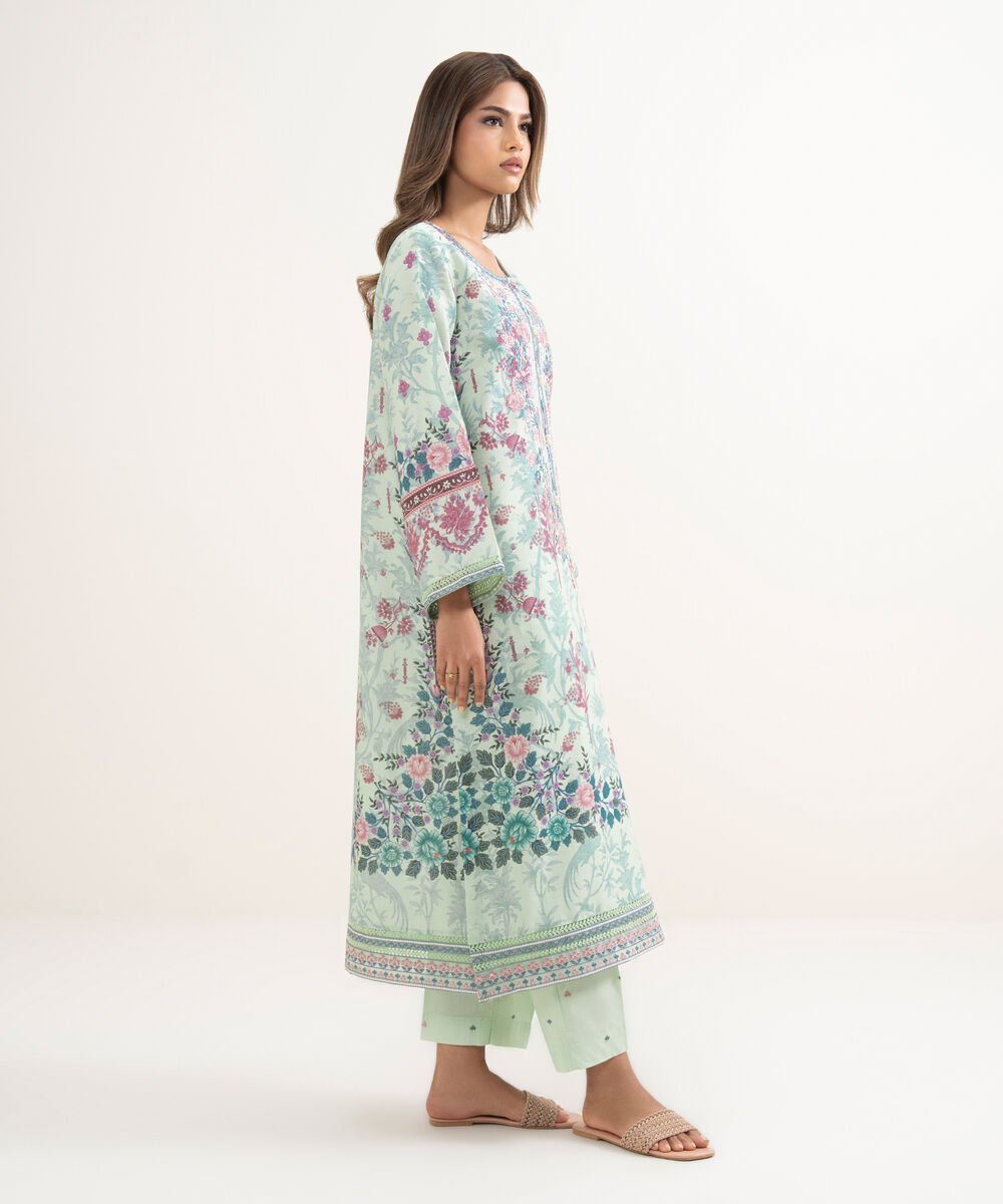 Women's RTW Zari Cotton Embroidered Green A-Line Shirt