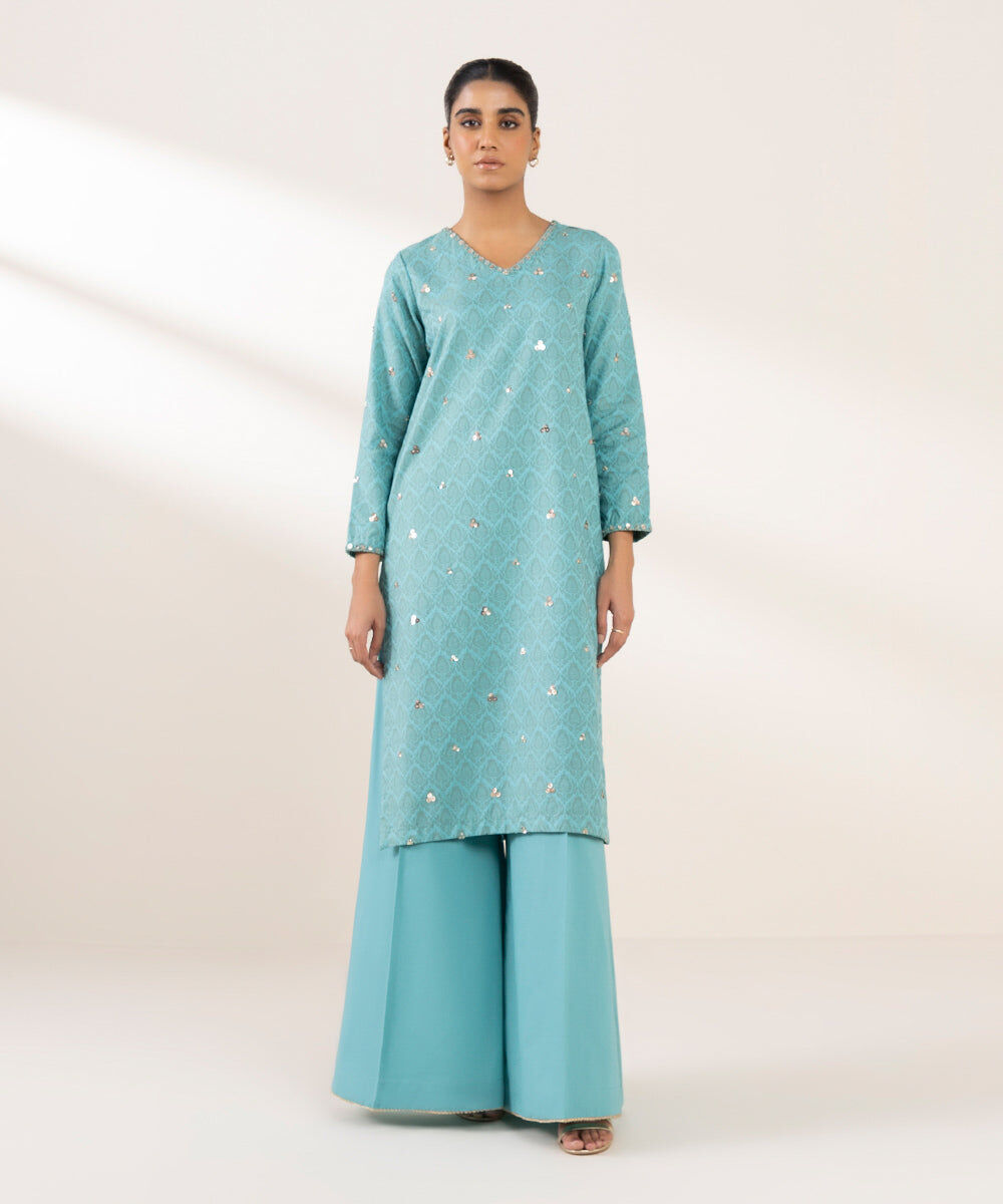 Woman - Blue Embroidered Cotton Jacquard Shirt