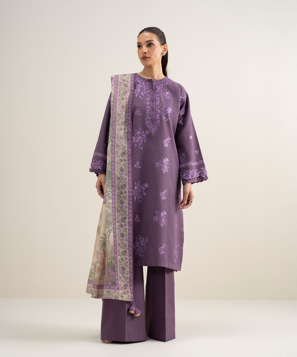 Women's Unstitched Dobby Embroidered Purple 3 Piece Suit