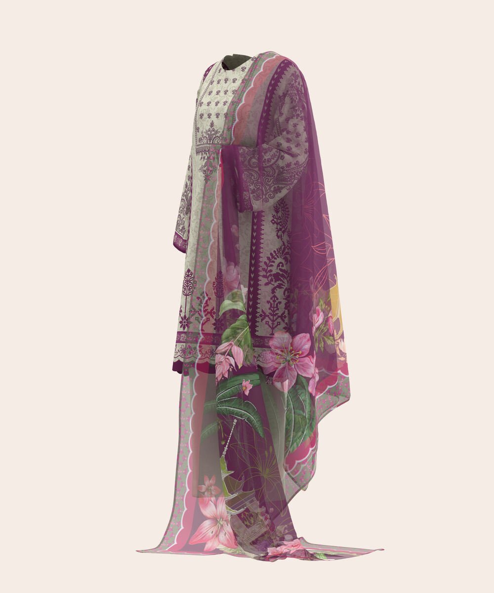 Women's Unstitched Lawn Cream  Embroidered 3 Piece Suit