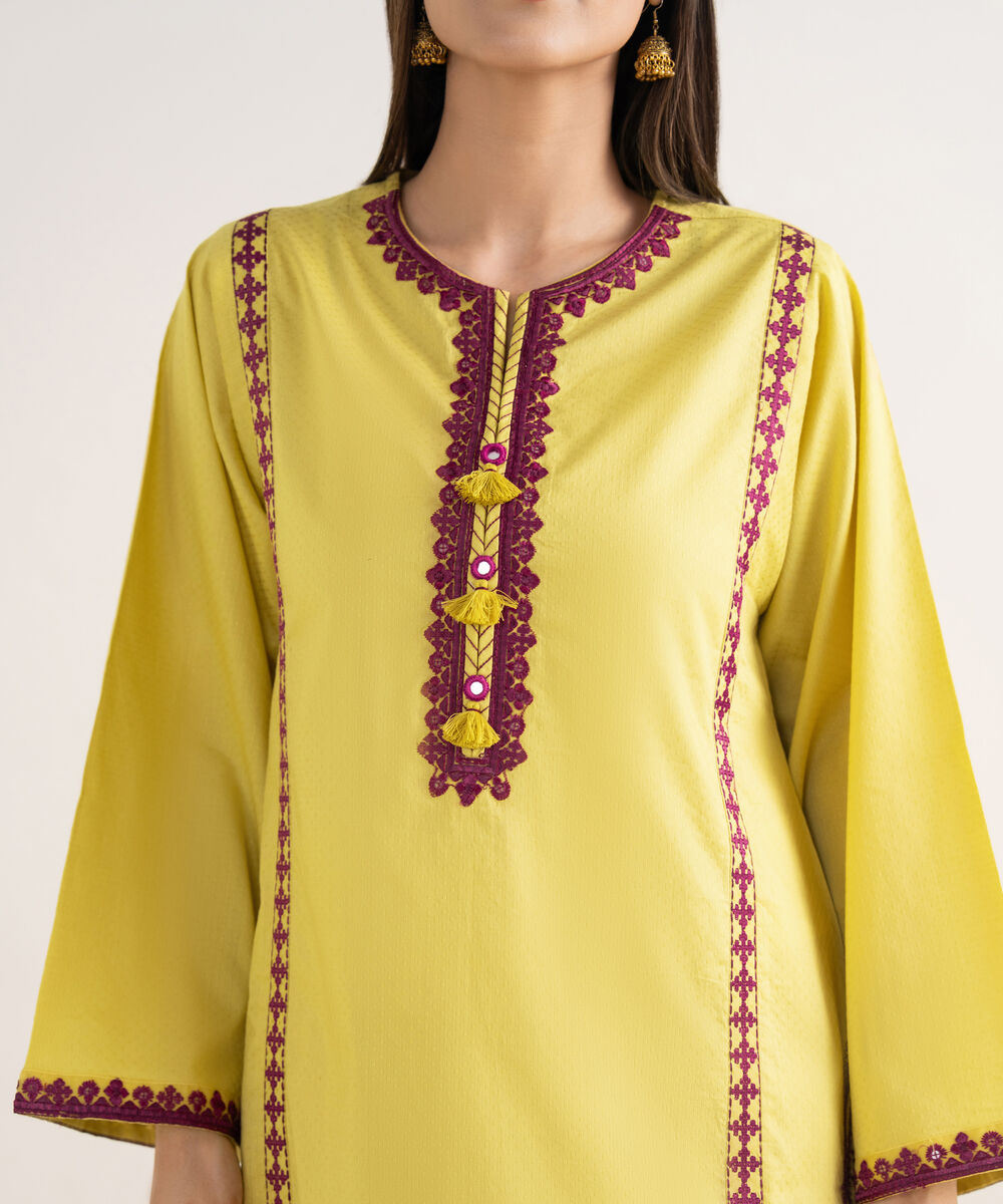 Women's RTW Textured Cotton Yellow Embroidered Boxy Shirt