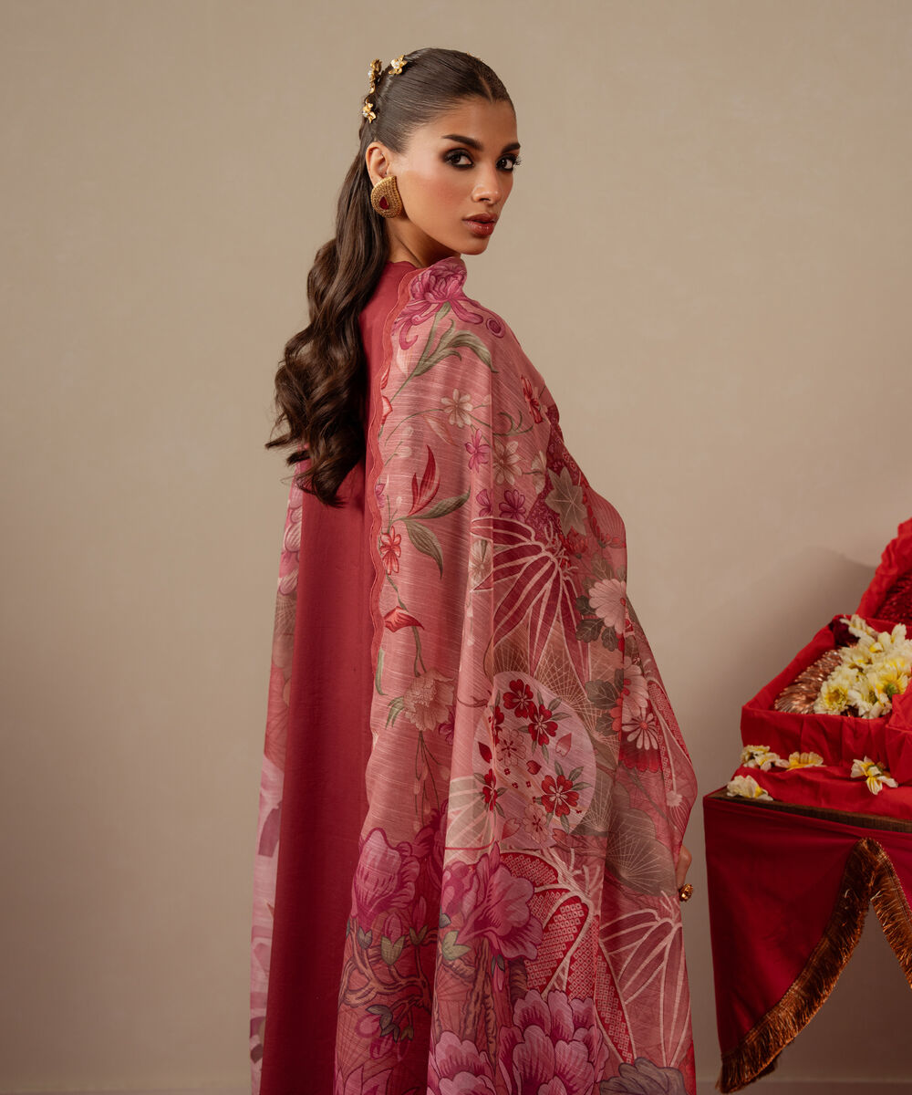 Women's Unstitched Textured Lawn Red Embroidered 3 Piece Suit