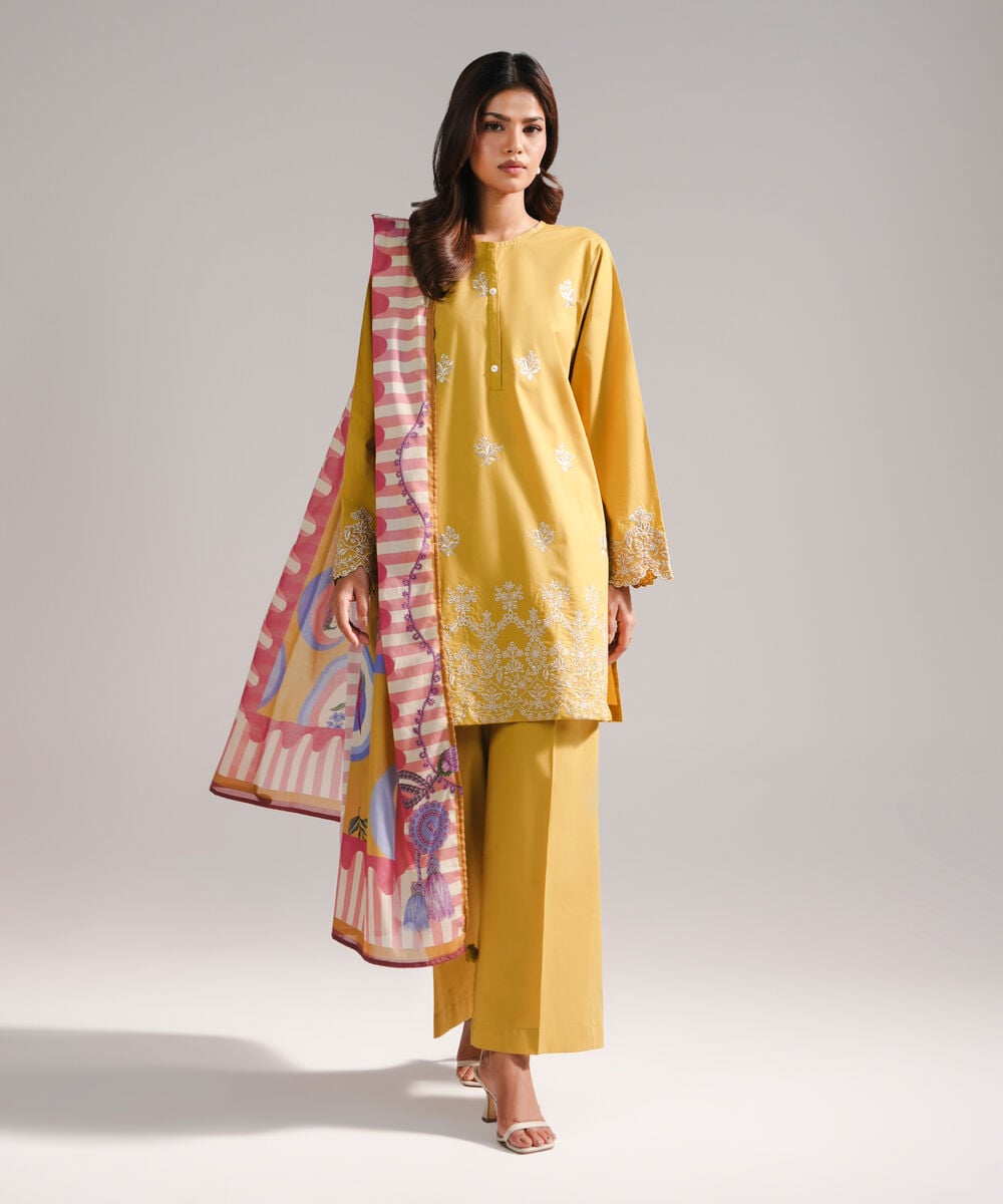 Women's RTW Lawn Embroidered Yellow 3 Piece Suit