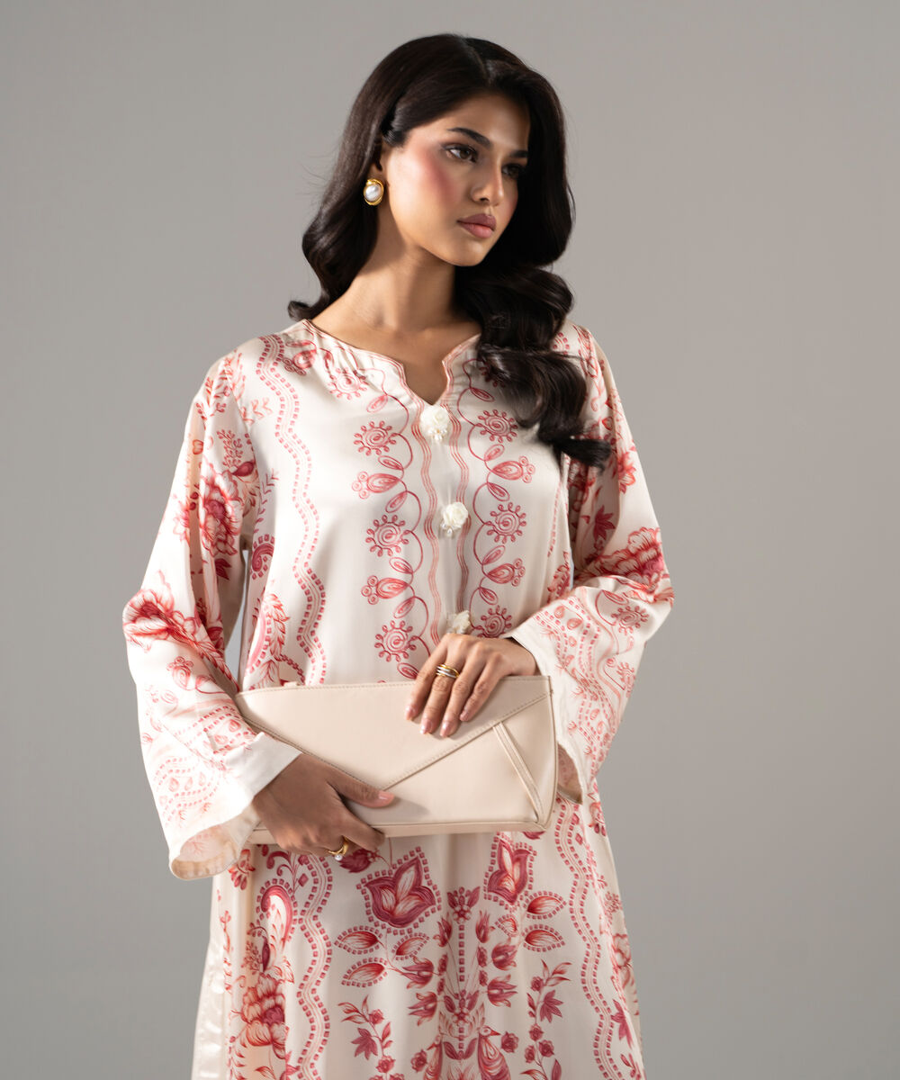 Women's RTW Viscose Raw Silk Printed Beige 2 Piece Suit