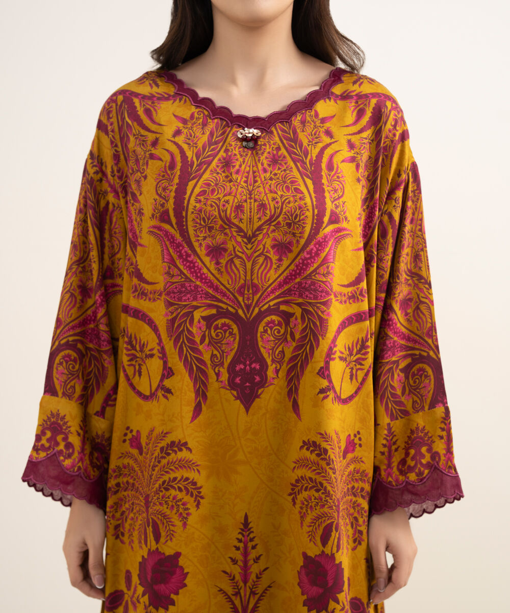 Women's RTW Premium Visocose Satin Embroidered Mustard Brown 2 Piece Suit