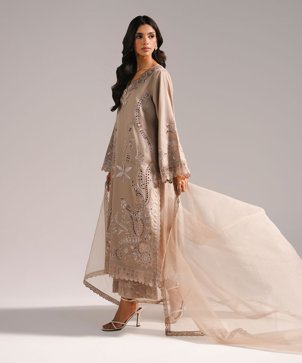 Women's RTW Cotton Satin Embroidered Grey 3 Piece Suit