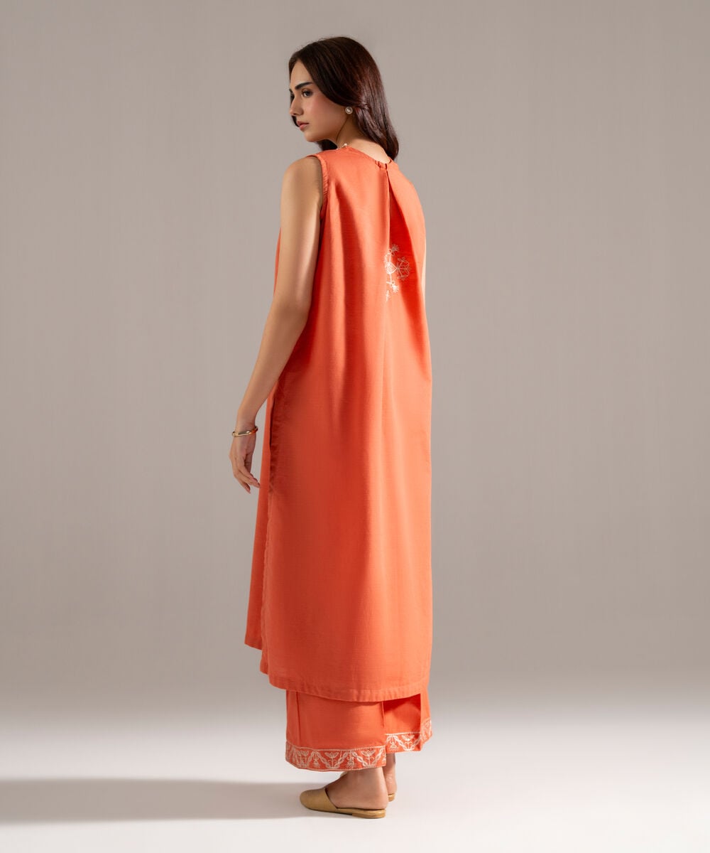 Women's RTW Khaddar Solid Embroidered Orange Straight Shirt