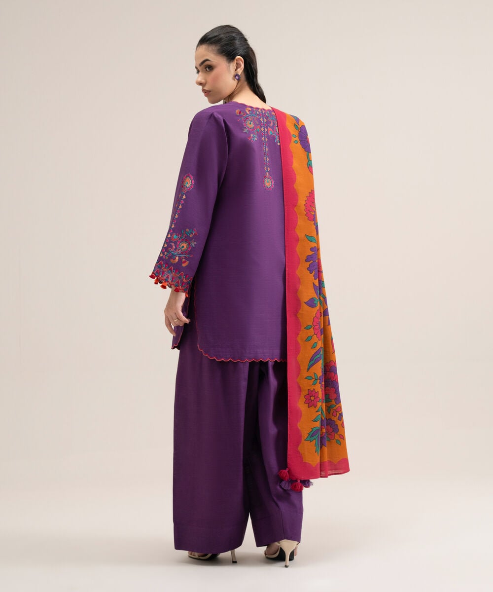 Women's Unstitched Cotton Embroidered Purple 3 Piece Suit