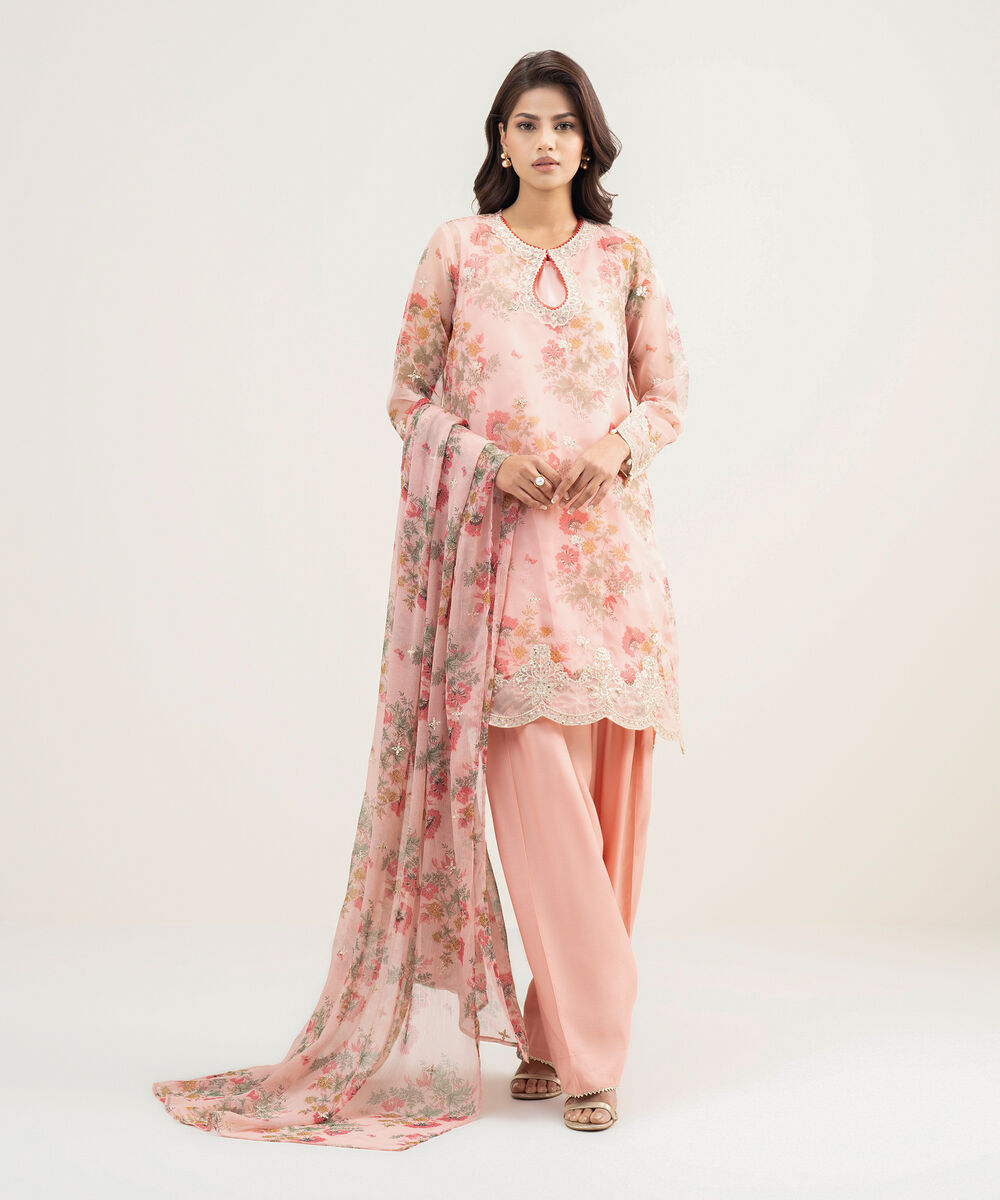 Women's RTW Blended Organza Embroidered Pink 3 Piece Suit