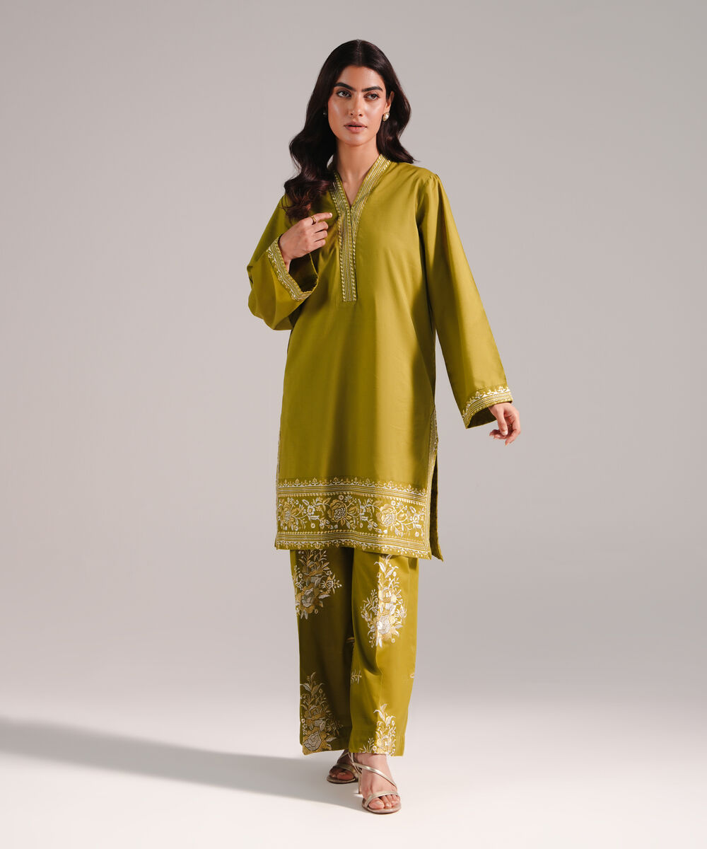 Women's RTW Slub Lawn Embroidered Green 2 Piece Suit