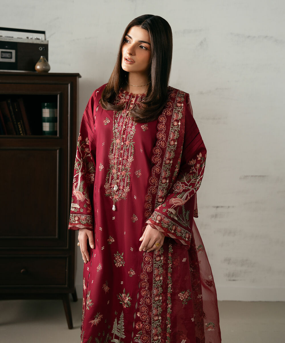 Women's Unstitched Fine Cotton Satin Embroidered Red  3 Piece Suit