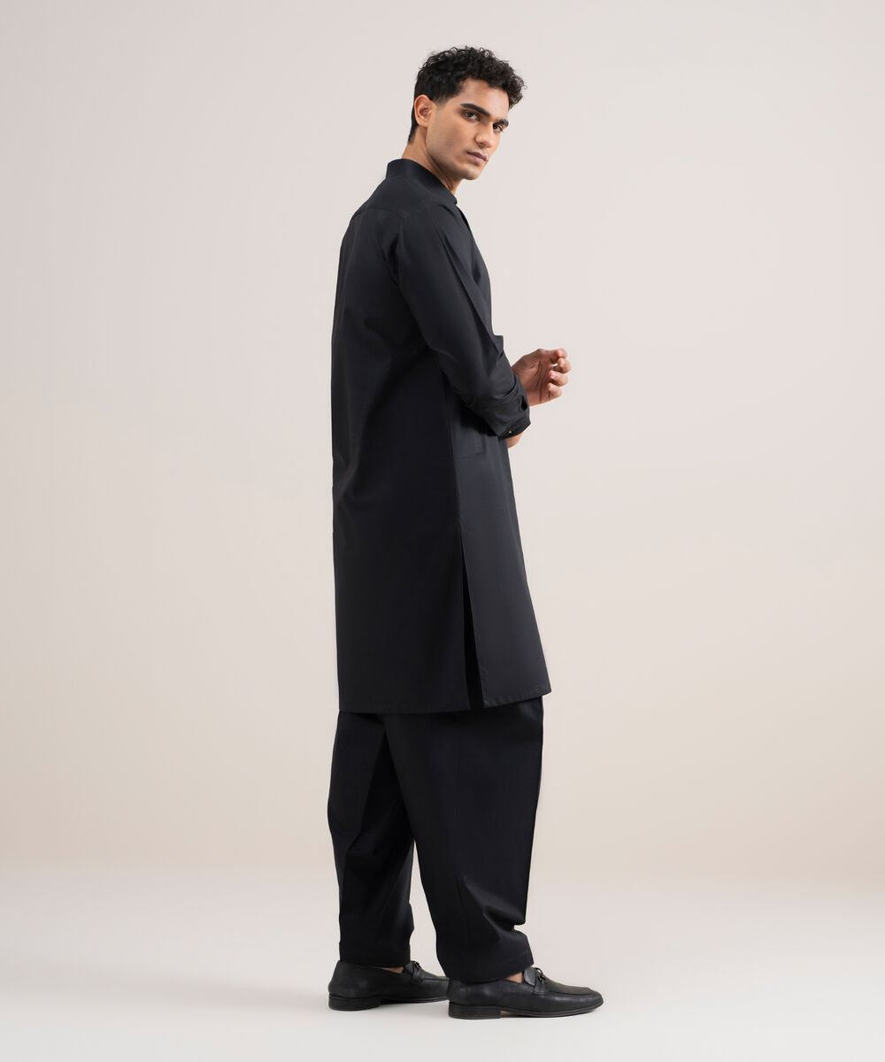 Men's Stitched Cotton Dobby Black Suit