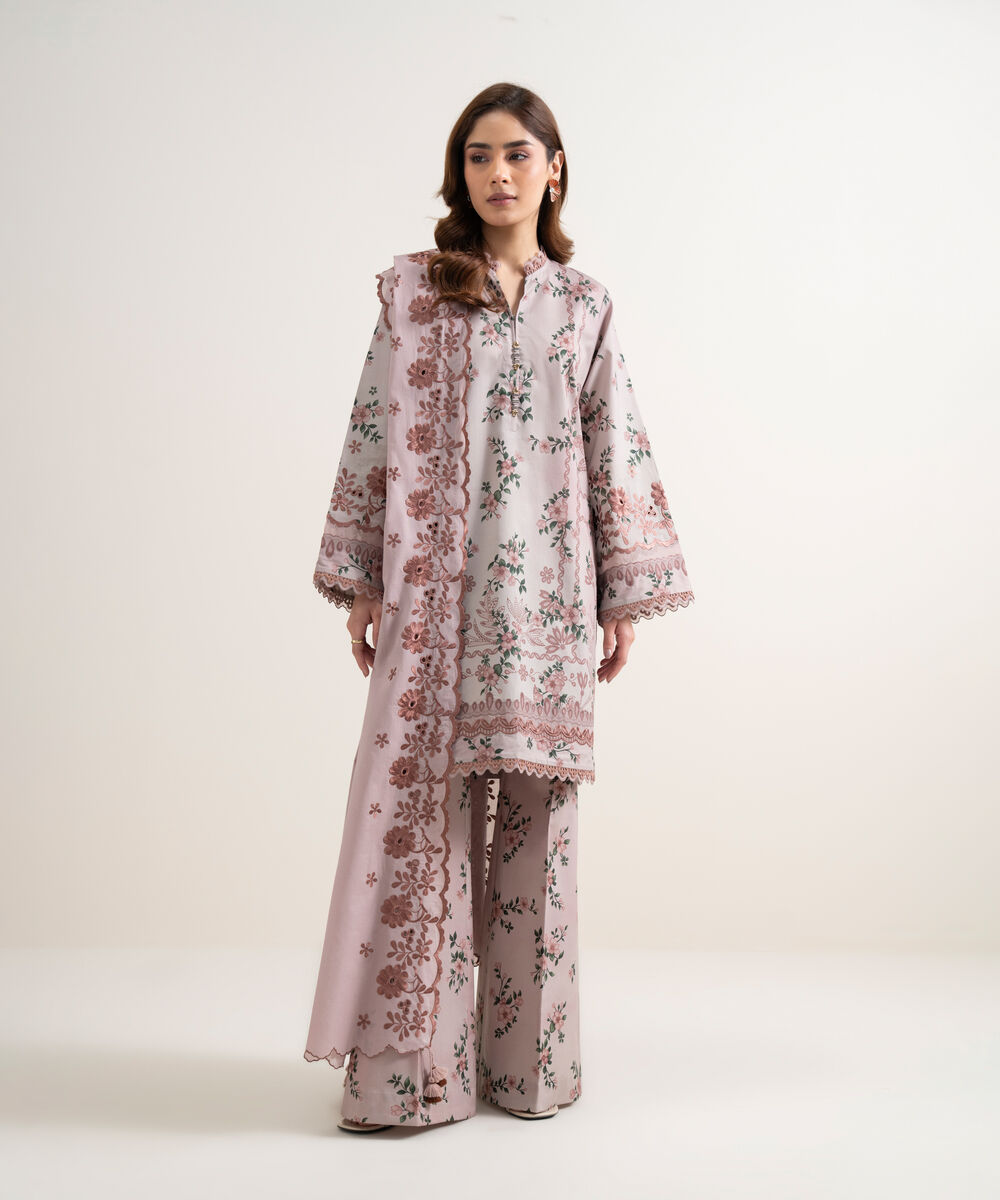 Women's Unstitched Lawn Embroidered Light Grey  3 Piece Suit
