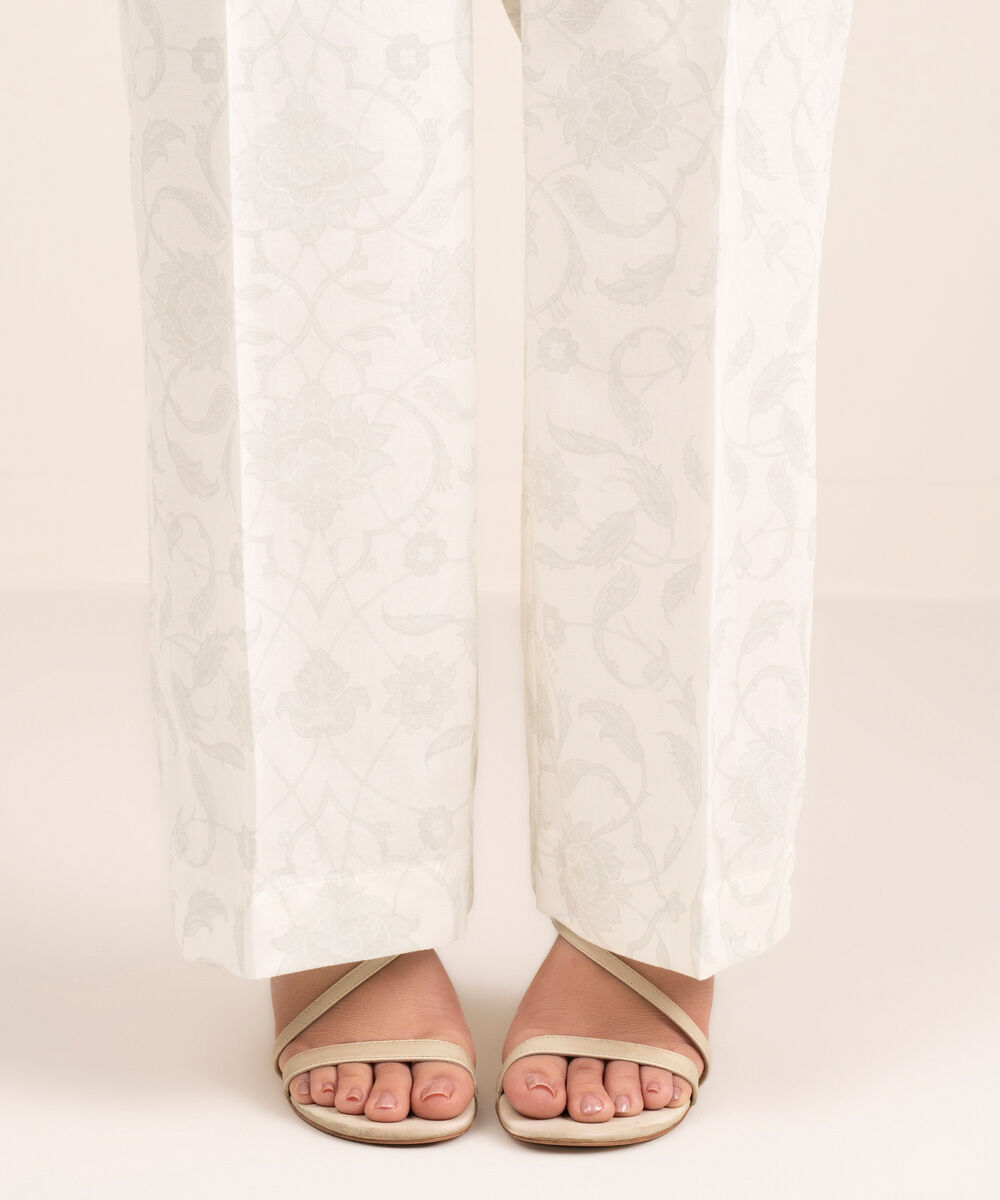 Women's RTW Cambric Printed White Straight Pants