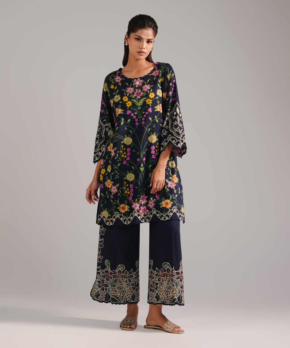 Women's RTW Lawn Printed Dark Blue Straight Shirt