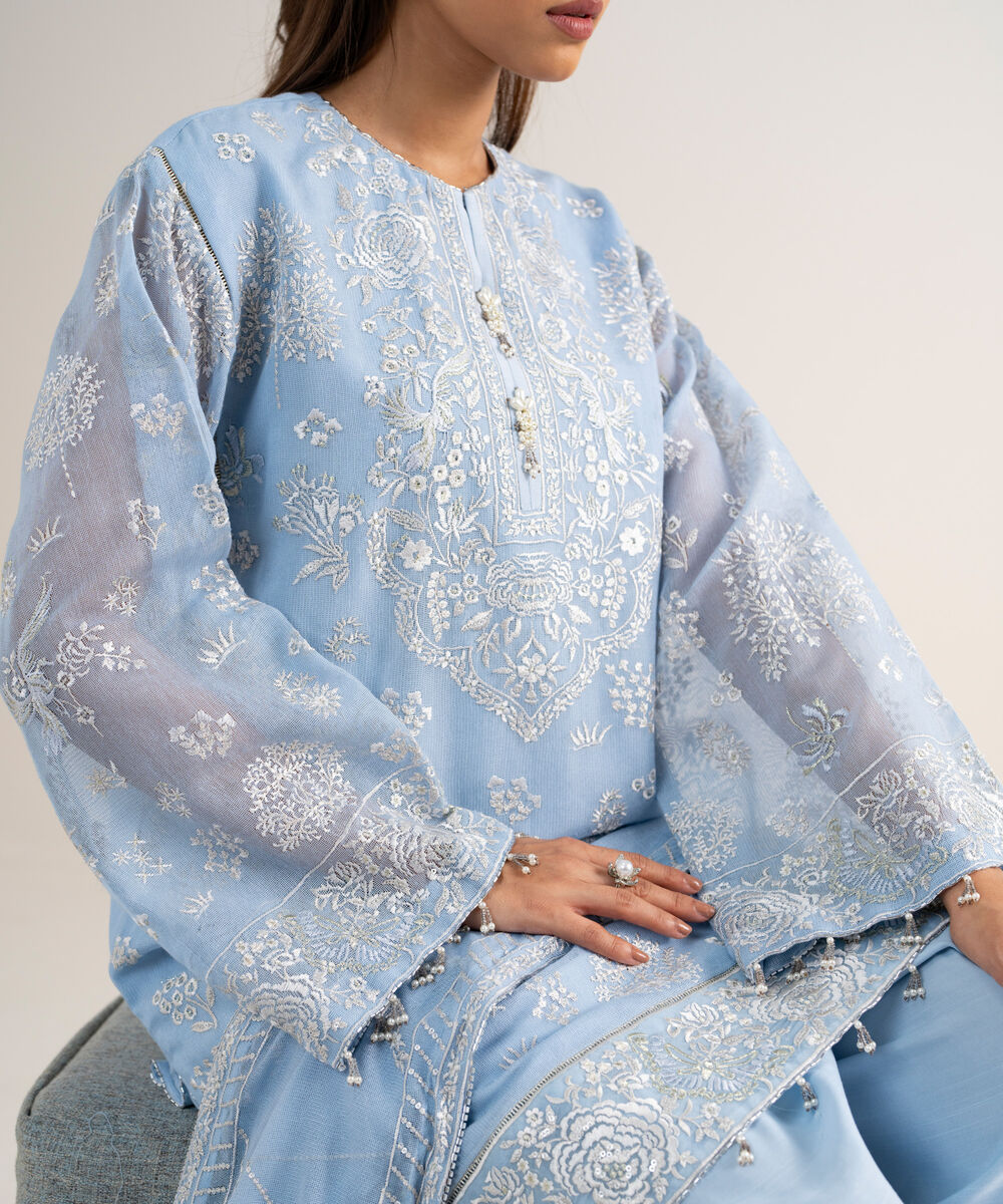 Women's Unstitched Khaddi Net Embroidered Blue