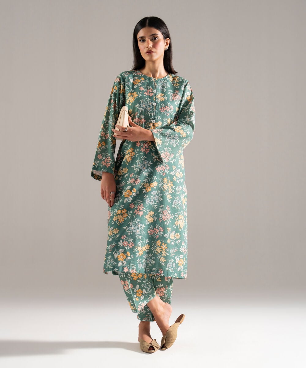 Women's RTW Khaddar Printed Green 2 Piece Suit