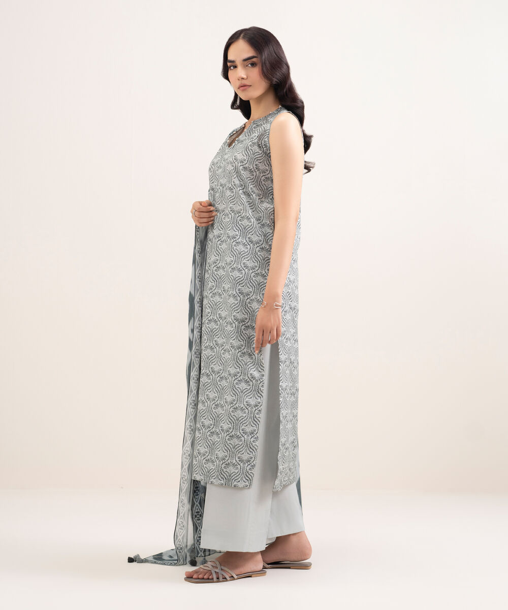 Women's Unstitched Lawn Printed Grey 3 Piece Suit