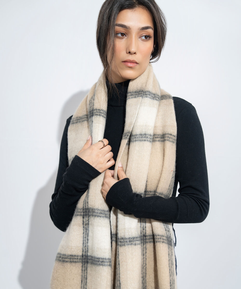 Women's Western Wear Off White & Beige Plaid Woollen Scarf