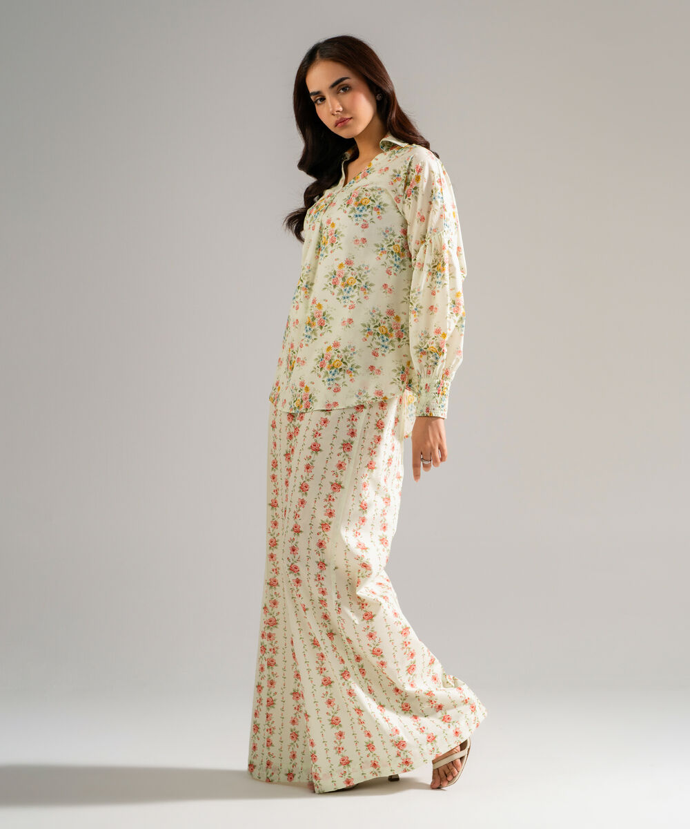 Women's RTW Slub Lawn Printed Mint Green Drop Shoulder Shirt