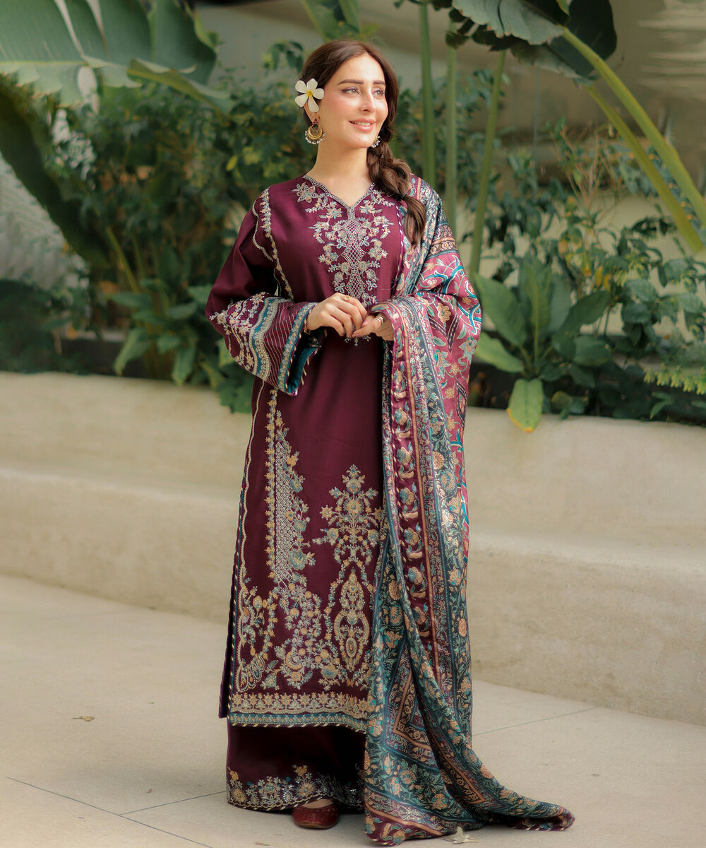 Women's Unstitched Embroidered Blended Raw Silk Maroon 3 Piece Suit
