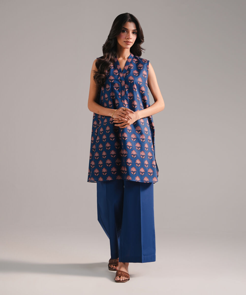 Women's RTW Cambric Printed Dark Blue 2 Piece Suit