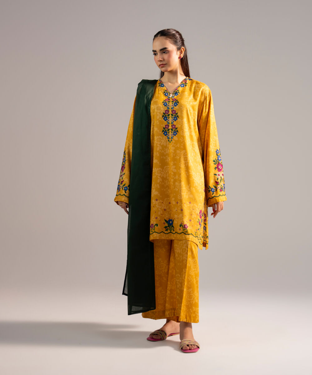Women's RTW Arabic Lawn Printed Mustard Yellow 3 Piece Suit