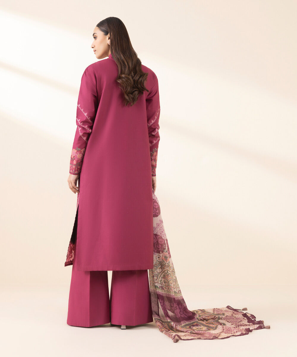 Women's Unstitched Embroidered Cotton Pink 3 Piece Suit