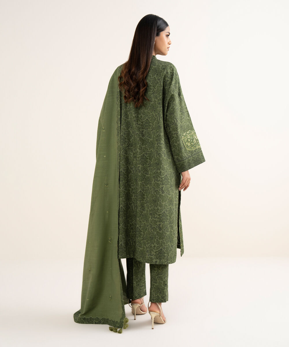 Women's Unstitched Textured Cotton Embroidered Green  3 Piece Suit