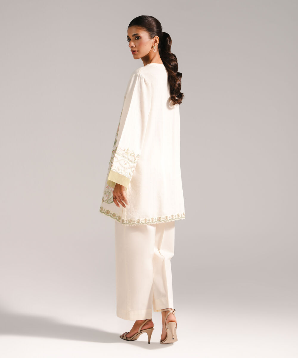 Women's RTW Dobby Embroidered Straight Off White Shirt