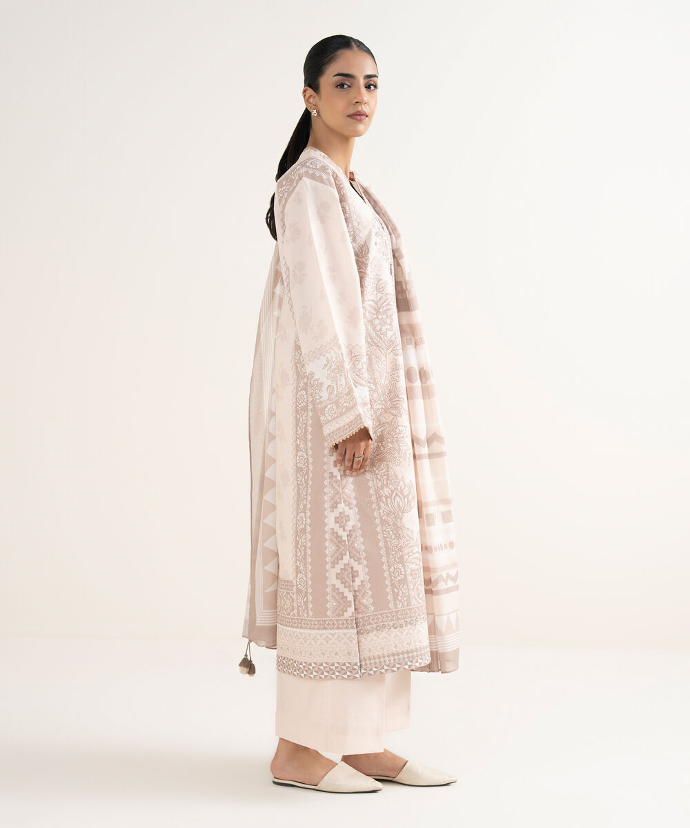 Women's Unstitched Cotton Printed Pink 3 Piece Suit