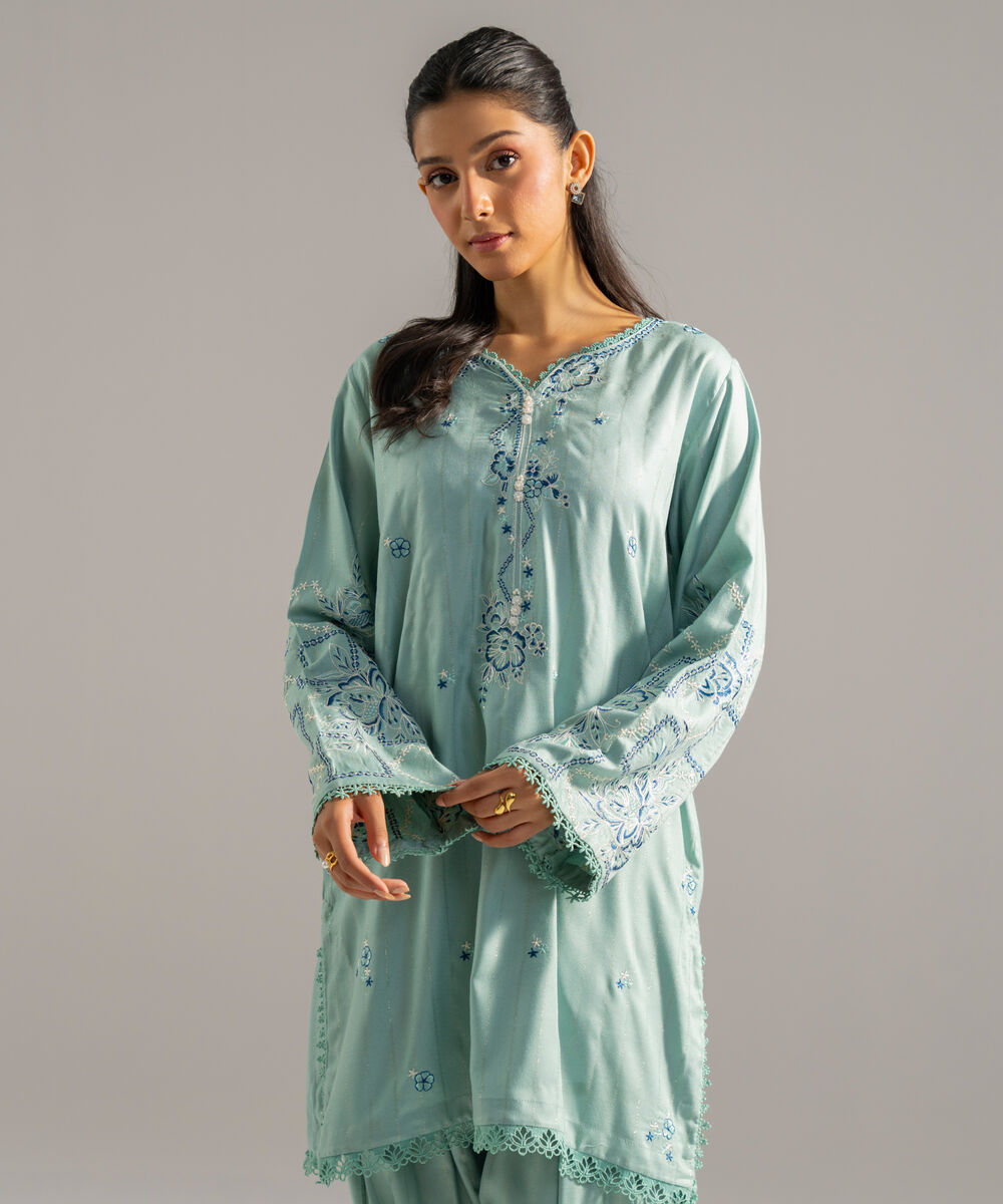 Women's RTW Dobby Crepe Lurix Solid Embroidered Seaform Green Straight Shirt