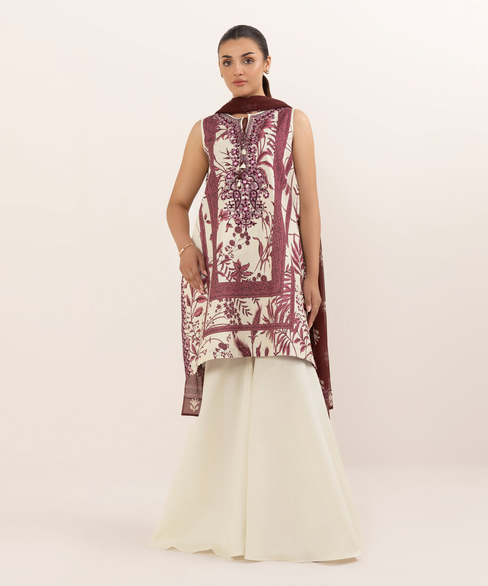 Women's Unstitched Cotton Embroidered Multi Three Piece Suit