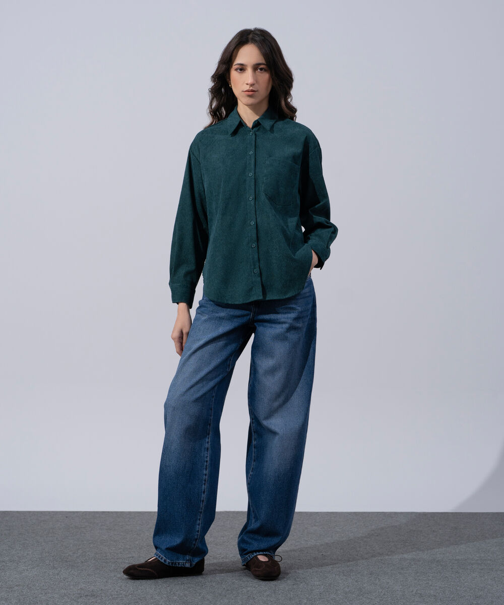 Women's Western Wear Teal Polyester Button Through Corduroy Shirt