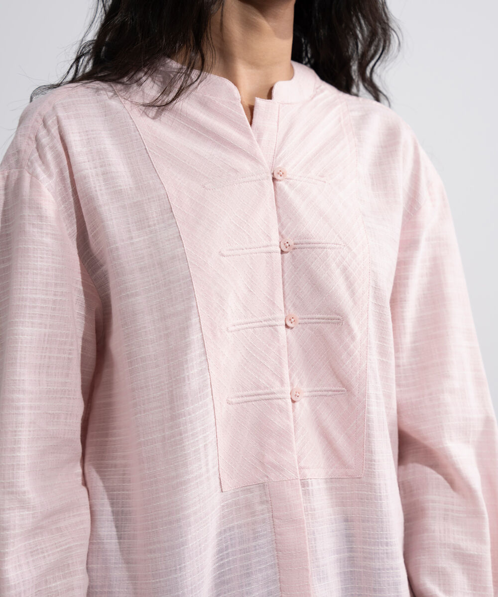 Women's Pink Textured Shirt With Yoke Detail