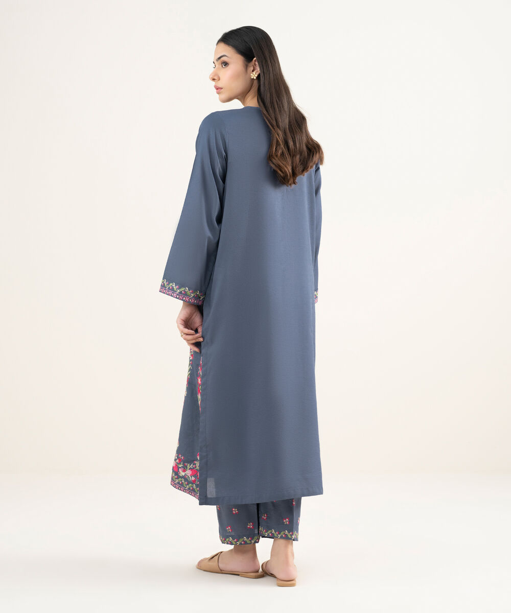 Women's RTW Dobby Embroidered Steel Blue A-Line Shirt