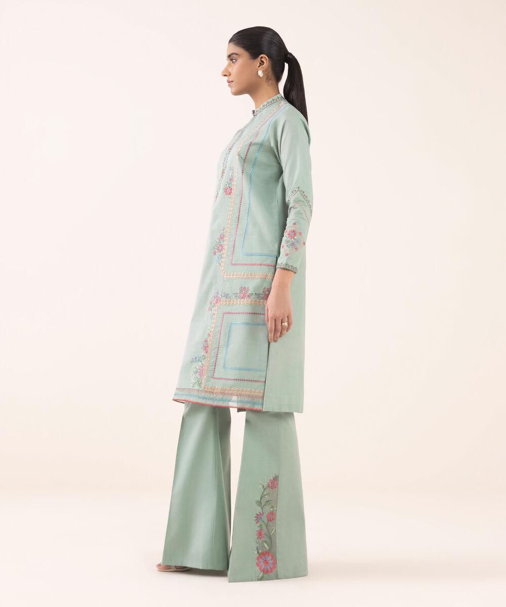 Women's Unstitched Cotton Embroidered Green Two Piece Suit